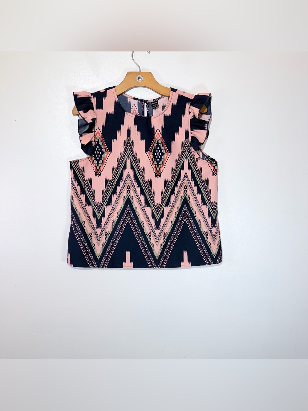 SHEIN Pink & Navy Chevron Ruffle Shoulder Tank Top Size L